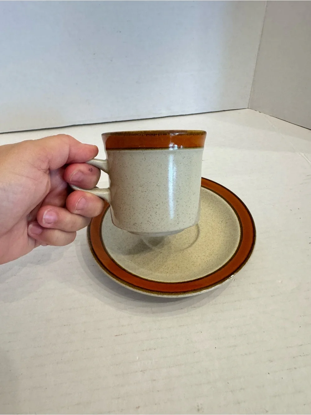 2 Sets of Sears Sahara Orange Flat Cup & Saucer Discontinued Stoneware Japan